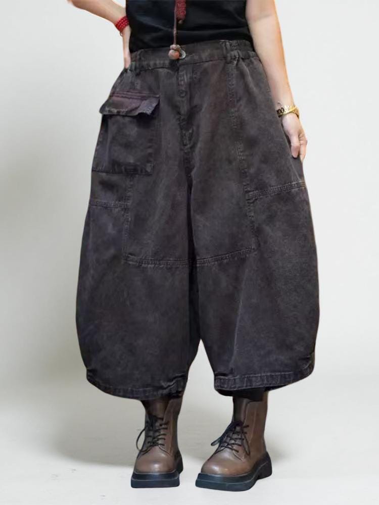 Washed Vintage Cargo Harem Pants | Wide-Leg Tapered Denim Look