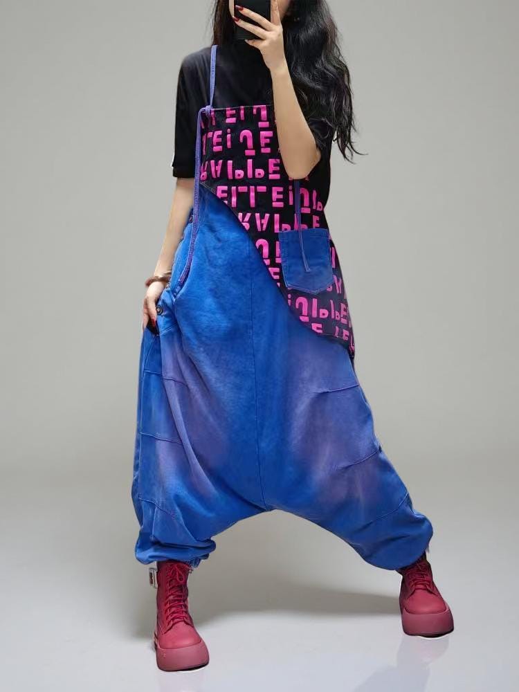 Patchwork Bib Harem Overalls – Pink & Blue, Unisex Streetwear