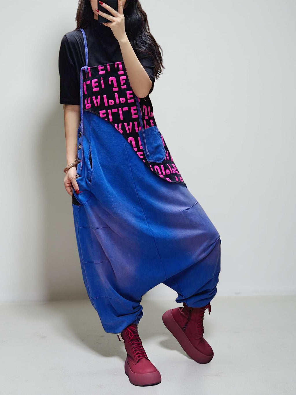 Patchwork Bib Harem Overalls – Pink & Blue, Unisex Streetwear