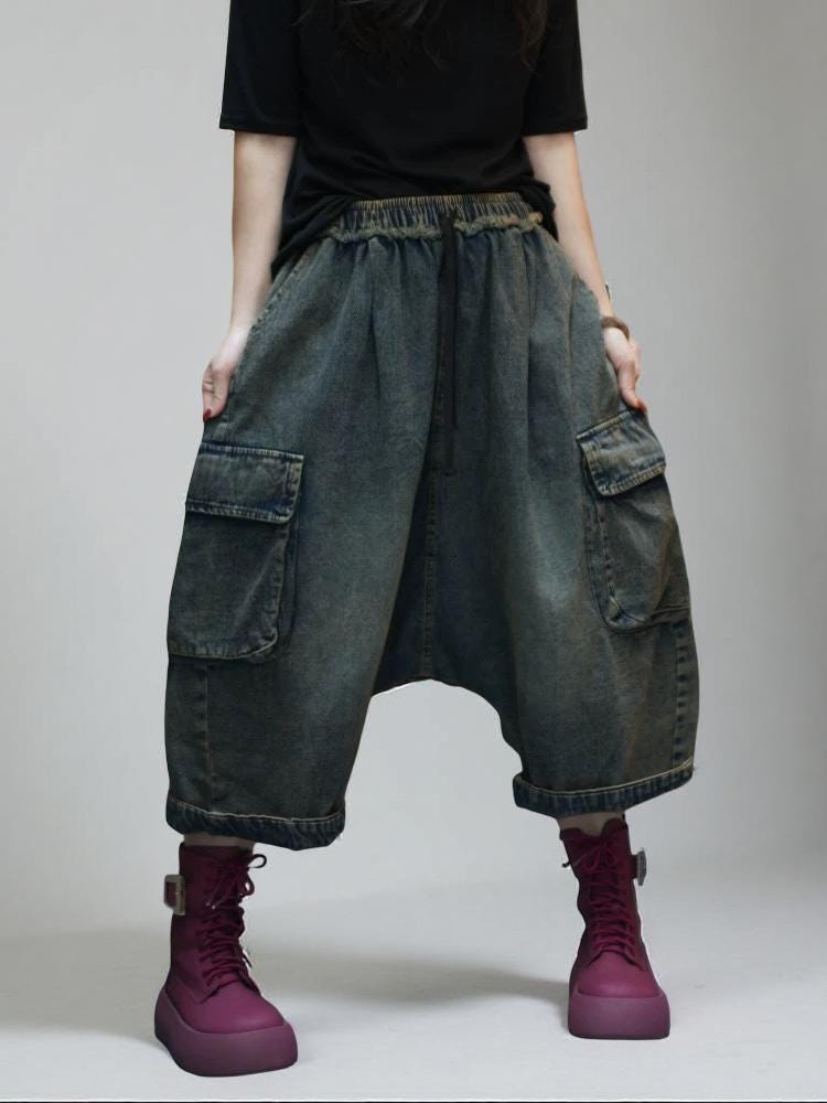 Vintage Washed Cargo Harem Pants- Unisex Loose Denim Streetwear, Baggy Jeans, Boho Drop Crotch