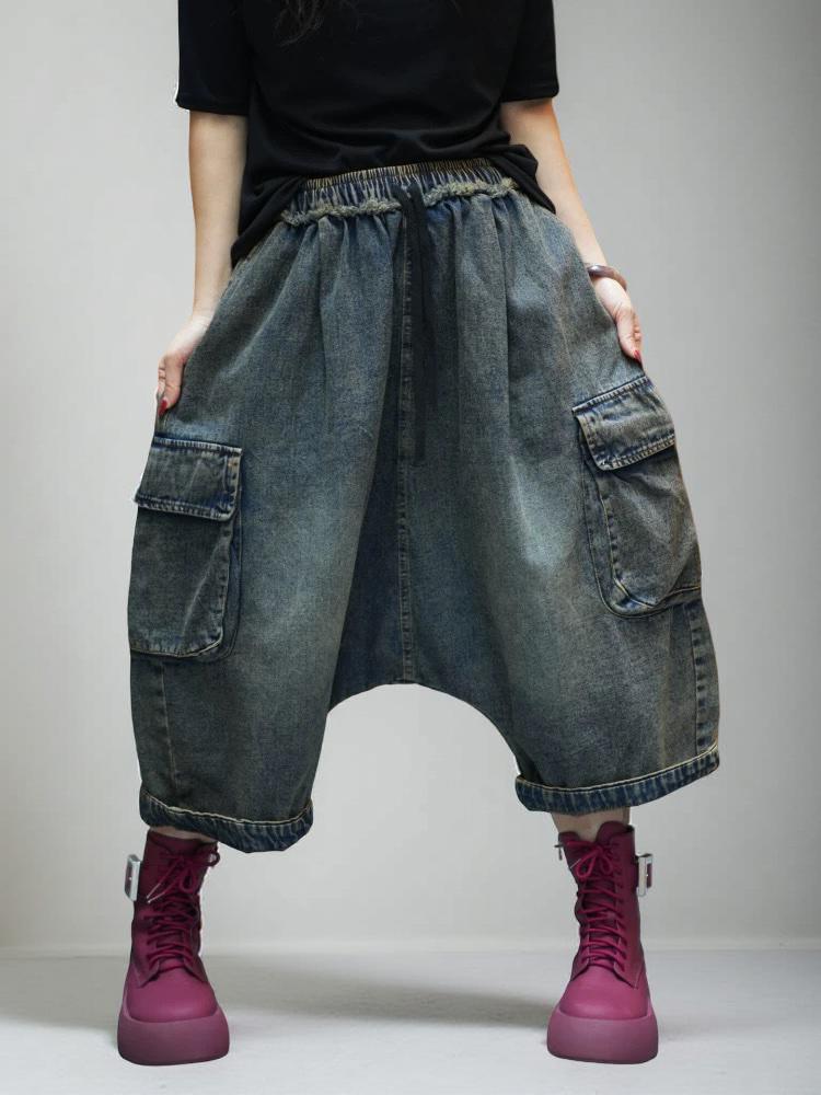 Vintage Washed Cargo Harem Pants- Unisex Loose Denim Streetwear, Baggy Jeans, Boho Drop Crotch