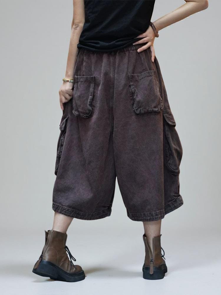 Vintage Washed Cropped Cargo Harem Pants -Unisex Mid-Calf Wide Leg Utility Pants, Drop Crotch