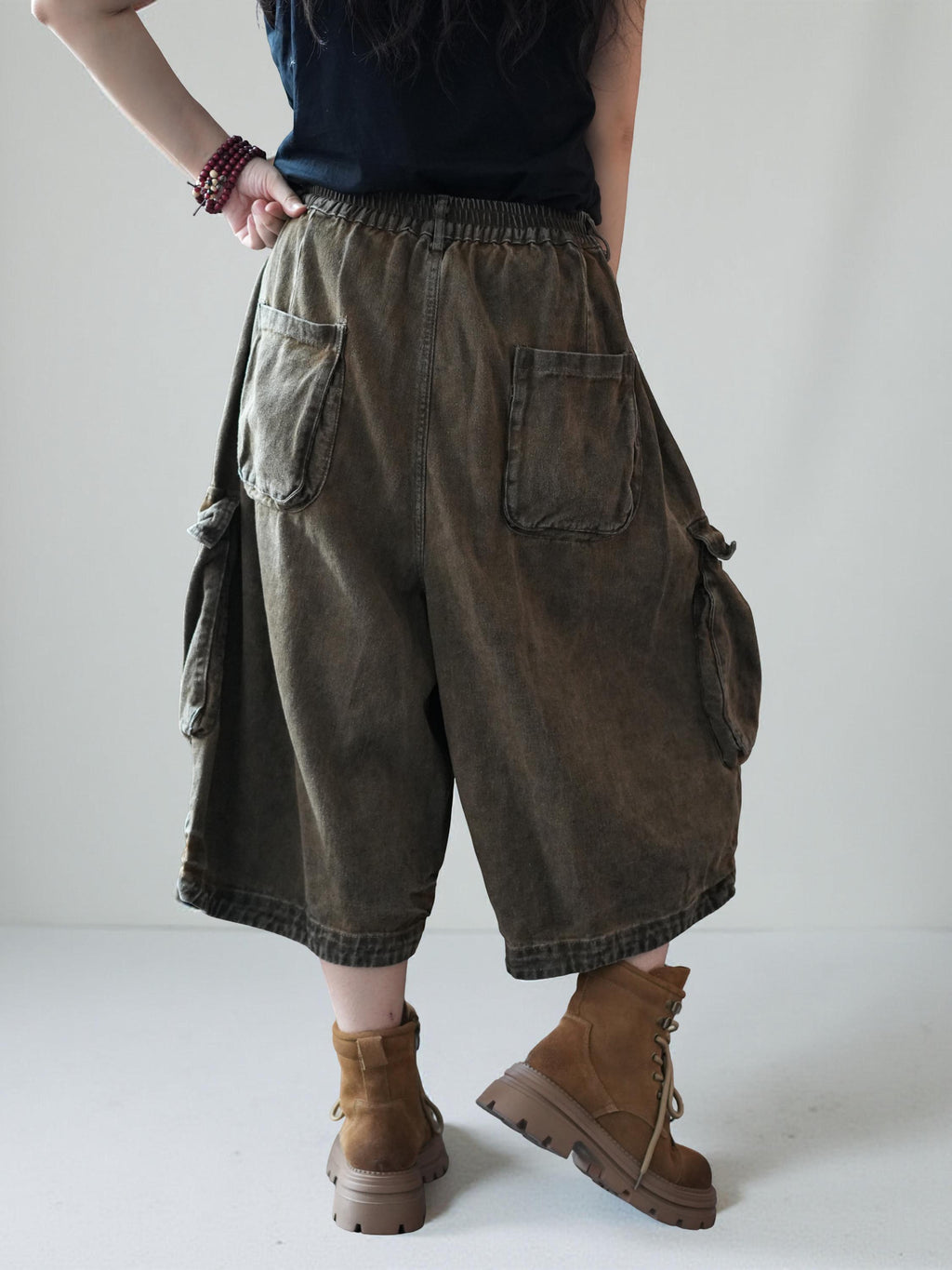 Vintage Washed Cropped Cargo Harem Pants -Unisex Mid-Calf Wide Leg Utility Pants, Drop Crotch