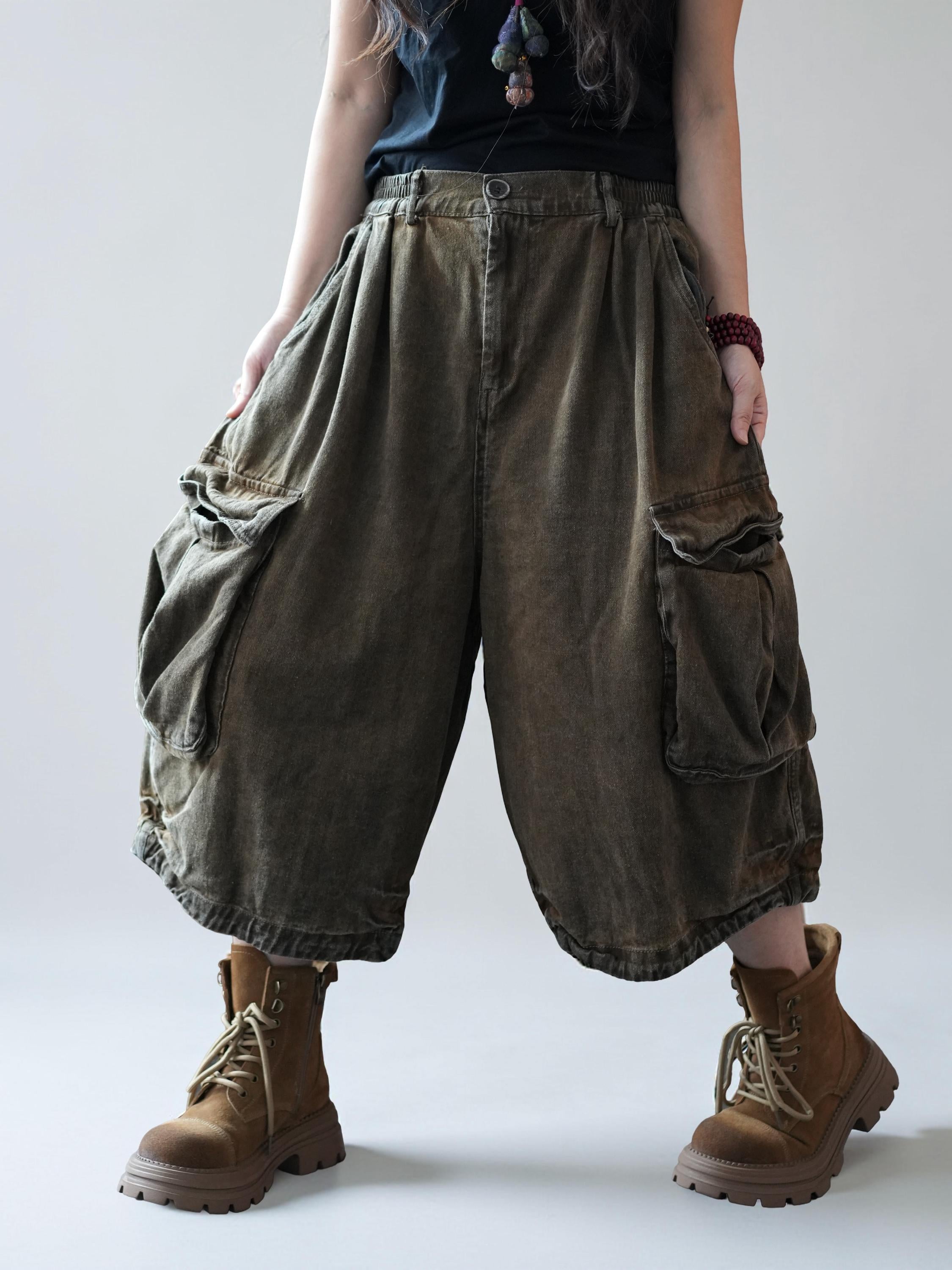 Vintage Washed Cropped Cargo Harem Pants -Unisex Mid-Calf Wide Leg Utility Pants, Drop Crotch