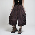 Vintage Washed Cropped Cargo Harem Pants -Unisex Mid-Calf Wide Leg Utility Pants, Drop Crotch