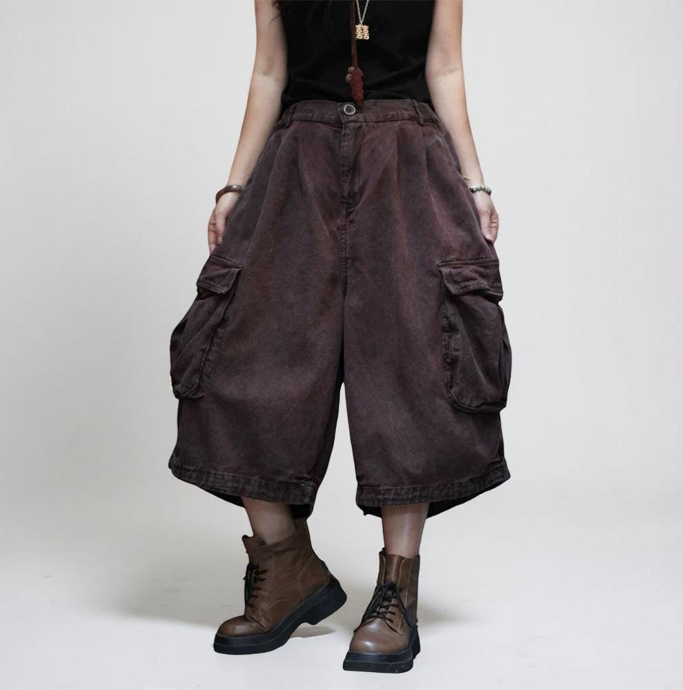 Vintage Washed Cropped Cargo Harem Pants -Unisex Mid-Calf Wide Leg Utility Pants, Drop Crotch