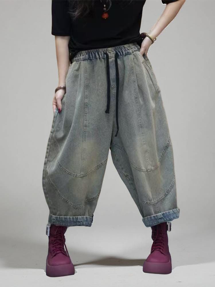 Patchwork Harem Pants: Washed Denim Look, Boho Drop Crotch Trousers