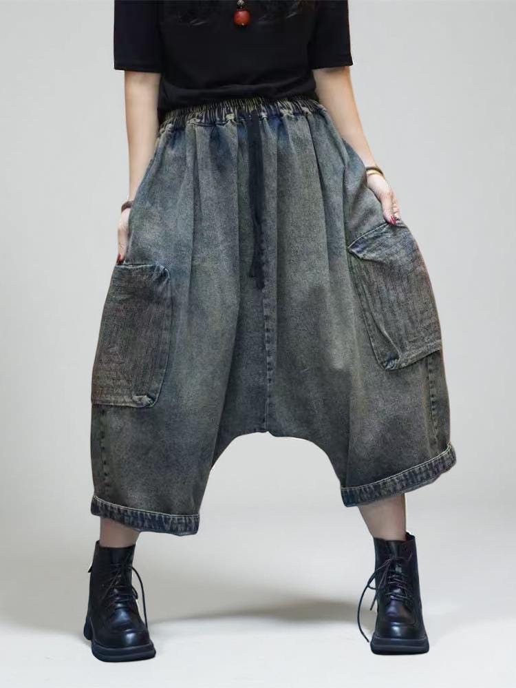 Loose Denim Harem Pants  | Oversized Cargo Pants | Boho Drop CrotchTrousers | Unisex Streetwear
