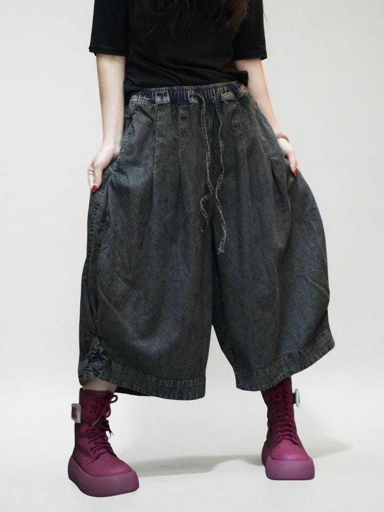 Smoky Black Patchwork Harem Pants: Washed Denim Look, Relaxed wide leg, Boho Style