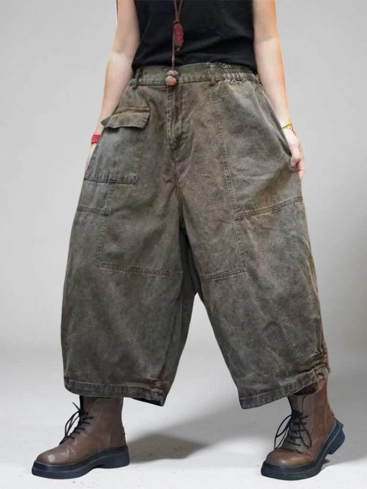 Washed Vintage Cargo Harem Pants | Wide-Leg Tapered Denim Look