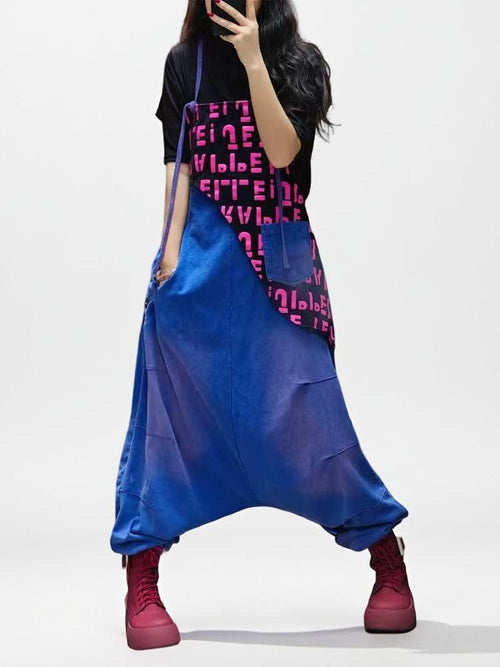 Patchwork Bib Harem Overalls – Pink & Blue, Unisex Streetwear