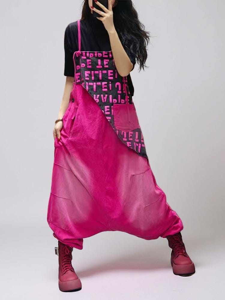 Patchwork Bib Harem Overalls – Pink & Blue, Unisex Streetwear