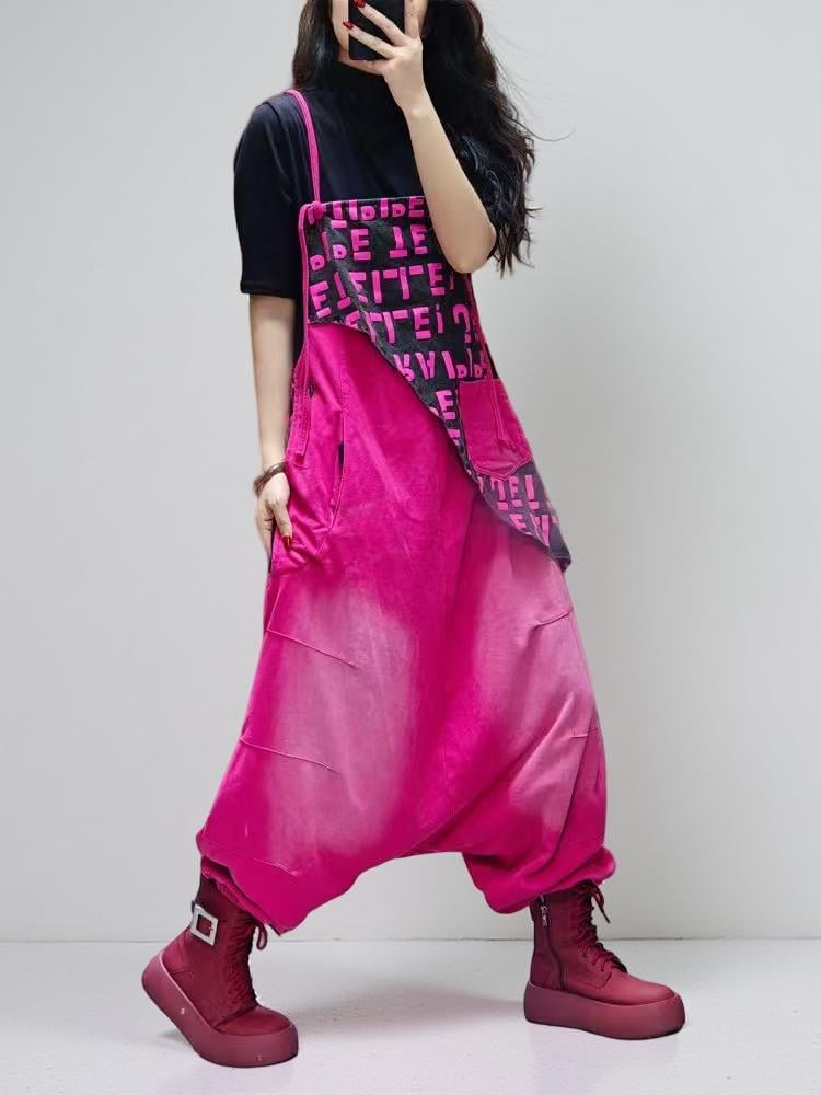 Patchwork Bib Harem Overalls – Pink & Blue, Unisex Streetwear