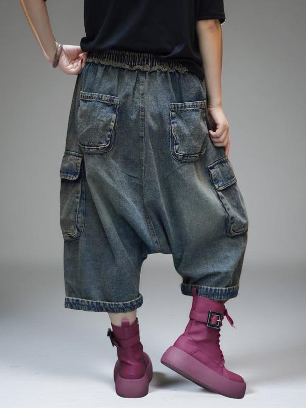 Vintage Washed Cargo Harem Pants- Unisex Loose Denim Streetwear, Baggy Jeans, Boho Drop Crotch