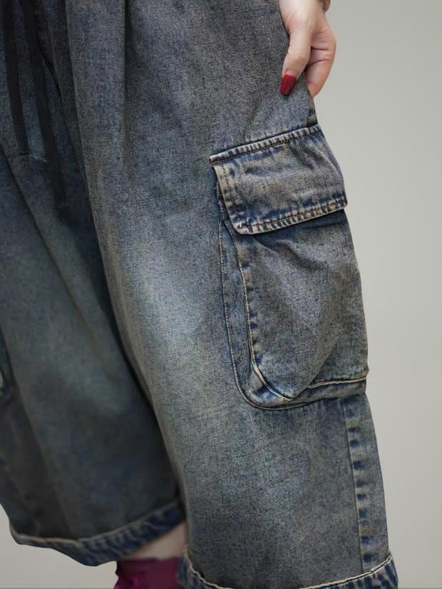 Vintage Washed Cargo Harem Pants- Unisex Loose Denim Streetwear, Baggy Jeans, Boho Drop Crotch