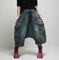 Vintage Washed Cargo Harem Pants- Unisex Loose Denim Streetwear, Baggy Jeans, Boho Drop Crotch