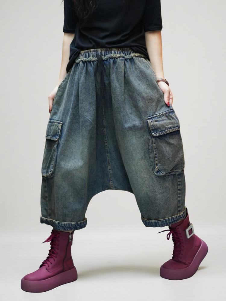 Vintage Washed Cargo Harem Pants- Unisex Loose Denim Streetwear, Baggy Jeans, Boho Drop Crotch