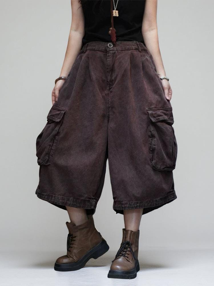 Vintage Washed Cropped Cargo Harem Pants -Unisex Mid-Calf Wide Leg Utility Pants, Drop Crotch