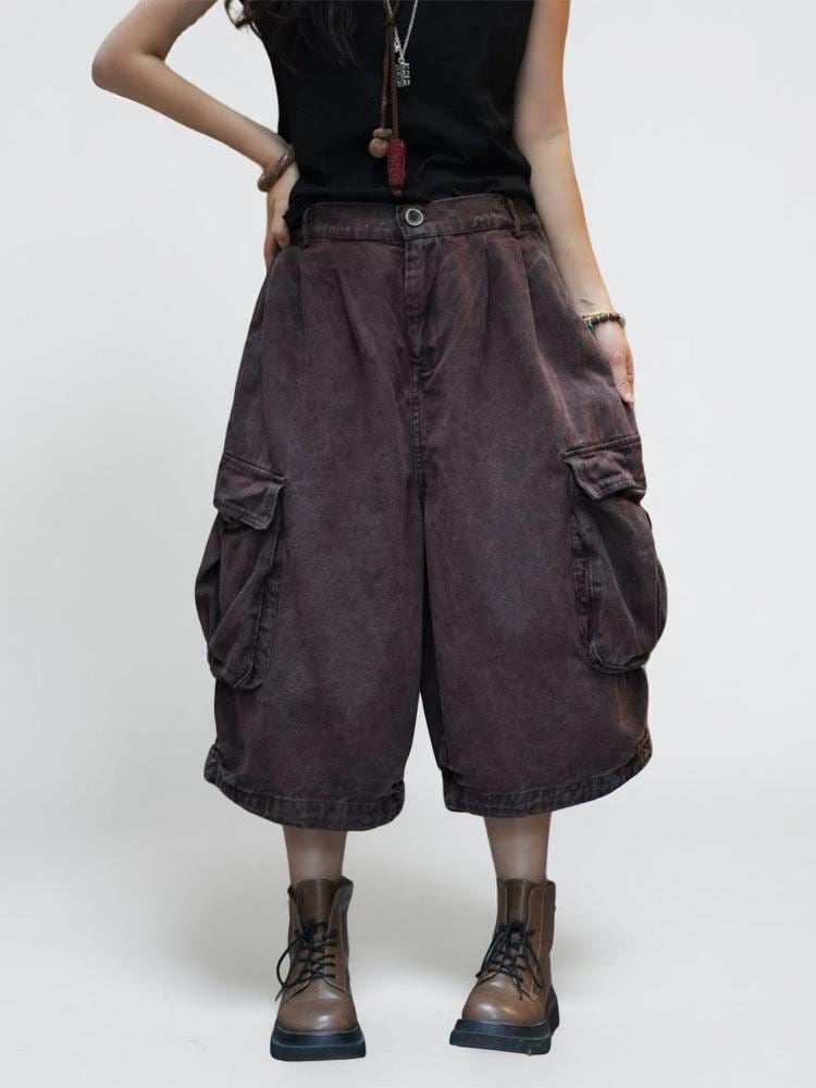 Vintage Washed Cropped Cargo Harem Pants -Unisex Mid-Calf Wide Leg Utility Pants, Drop Crotch