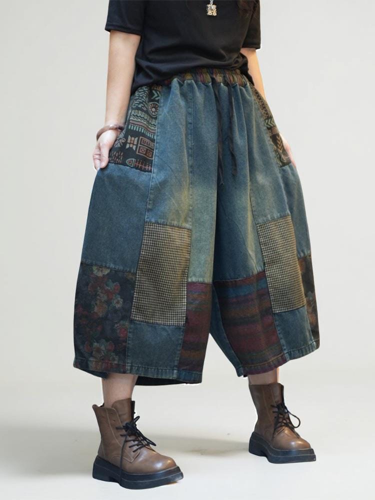Patchwork Denim Harem Pants | Boho Wide Leg Jeans | Vintage Artsy Loose Pants | Casual Streetwear