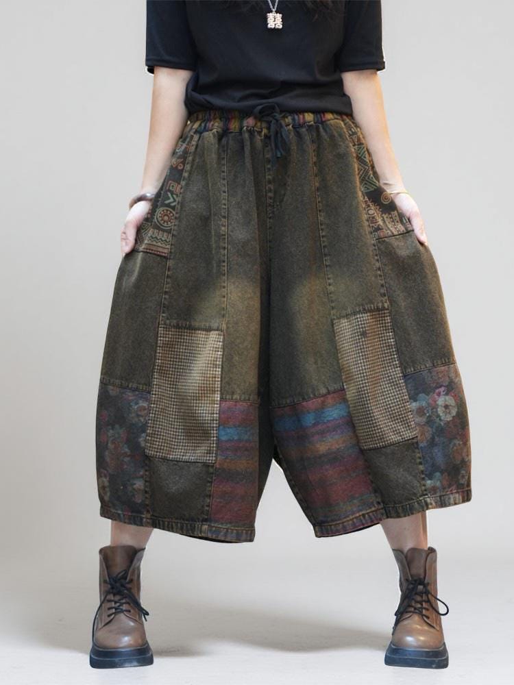 Patchwork Denim Harem Pants | Boho Wide Leg Jeans | Vintage Artsy Loose Pants | Casual Streetwear