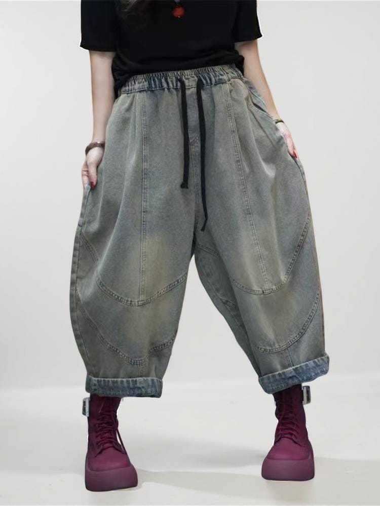 Patchwork Harem Pants: Washed Denim Look, Boho Drop Crotch Trousers