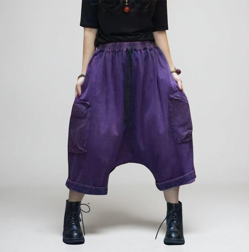 Loose Denim Harem Pants  | Oversized Cargo Pants | Boho Drop CrotchTrousers | Unisex Streetwear