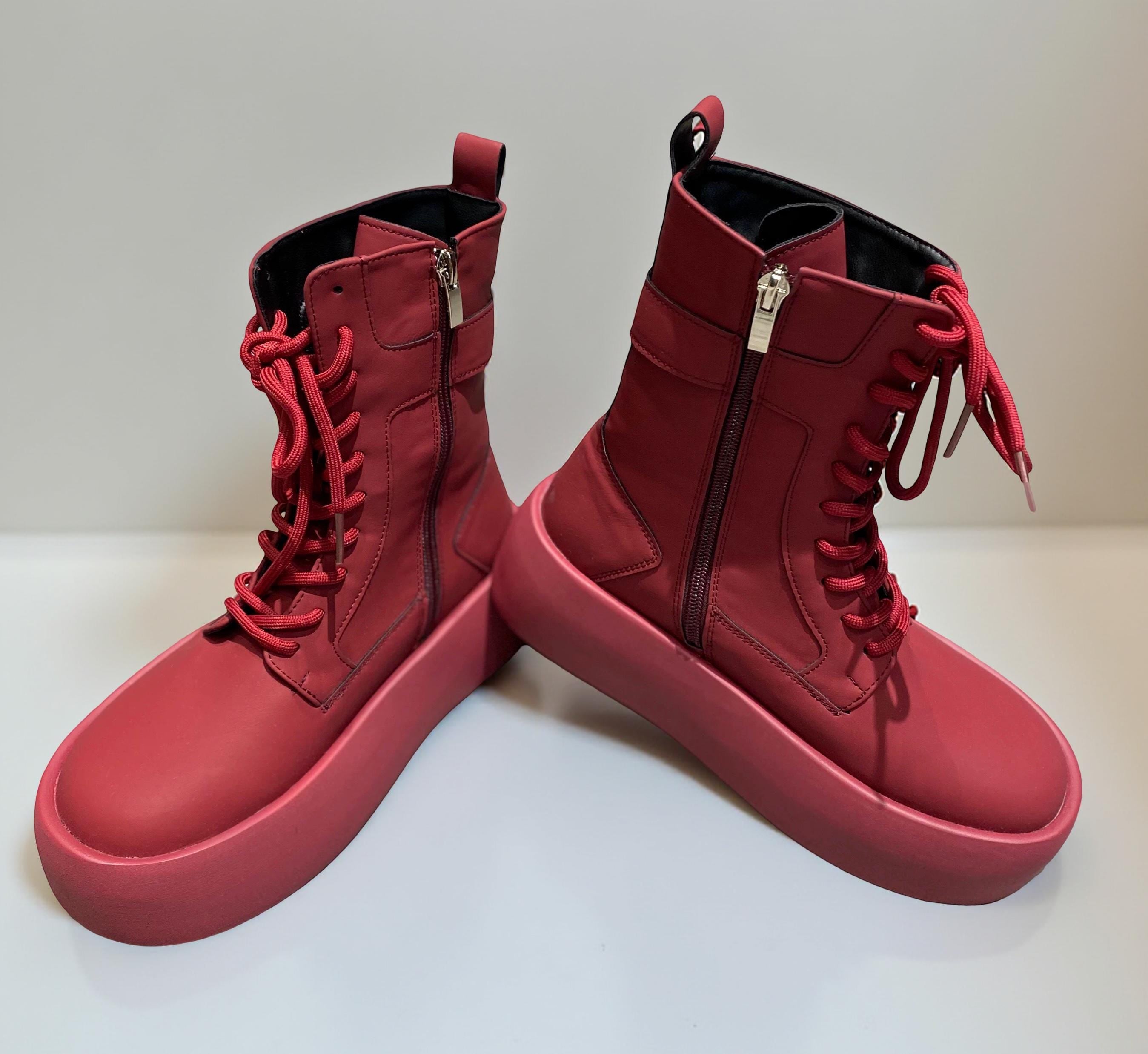 Red Leather Combat Boots, Chunky Platform Ankle Boots, Lace-Up Shoes, Spring Fall Boots, Street Style, Minimal Everyday Wear