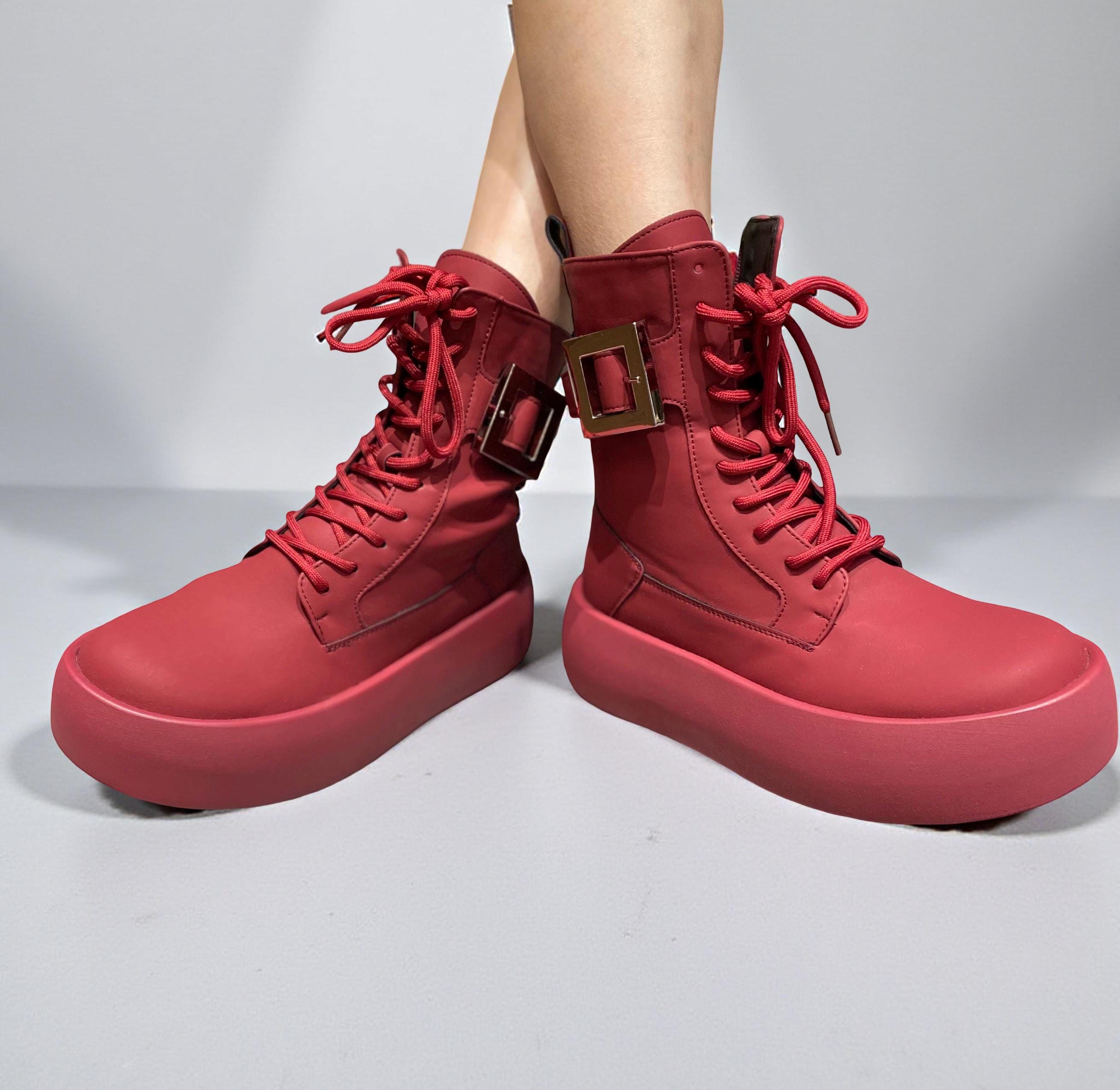 Red Leather Combat Boots, Chunky Platform Ankle Boots, Lace-Up Shoes, Spring Fall Boots, Street Style, Minimal Everyday Wear