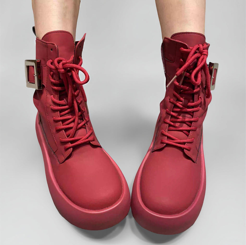 Red Leather Combat Boots, Chunky Platform Ankle Boots, Lace-Up Shoes, Spring Fall Boots, Street Style, Minimal Everyday Wear