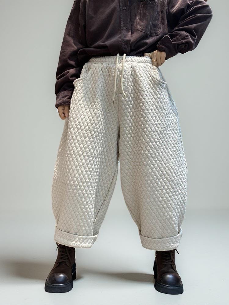Quilted  Harem Pants | Unisex Balloon Trousers, Elastic Waist
