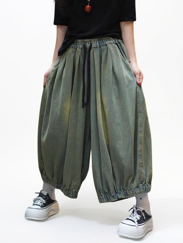 Washed Denim Harem Pants,  Oversized Lantern Pants, Wide Leg Crotch Trousers