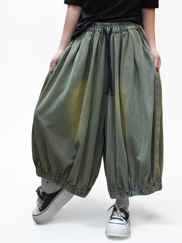 Washed Denim Harem Pants,  Oversized Lantern Pants, Wide Leg Crotch Trousers