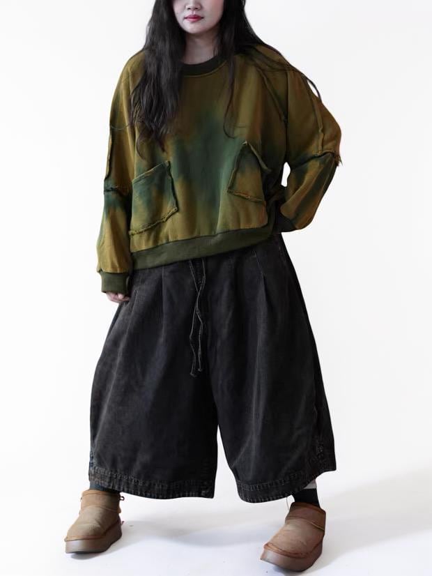 Vintage Hand-Dyed Sweatshirt, Midweight Fleece-Lined Oversized Cropped Pullover, Distressed Patchwork Top