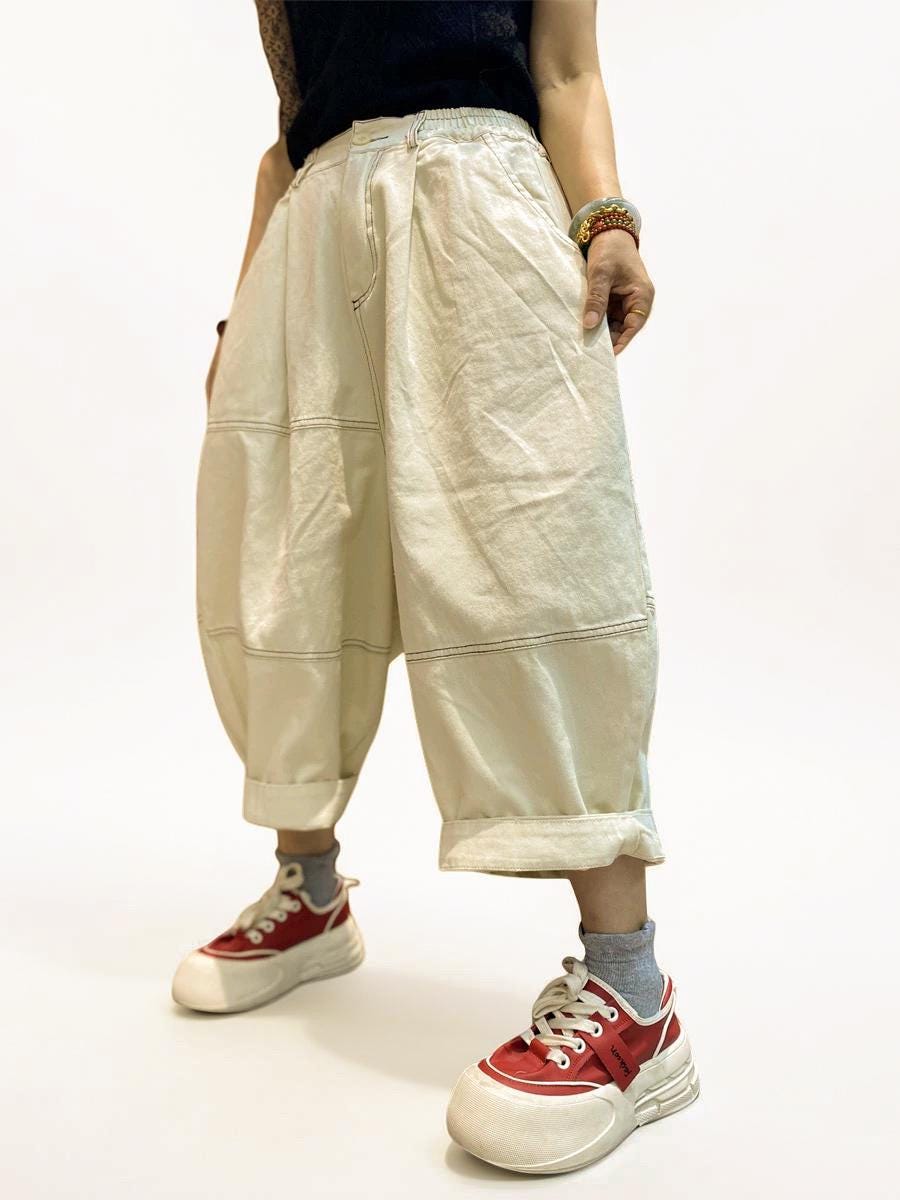 Patchwork Wide Leg Denim Pants | Relaxed Fit Cotton Trousers