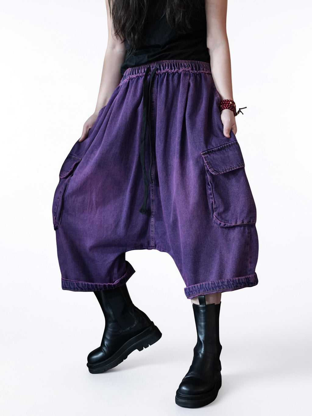 Vintage Washed Cargo Harem Pants- Unisex Loose Denim Streetwear, Baggy Jeans, Boho Drop Crotch