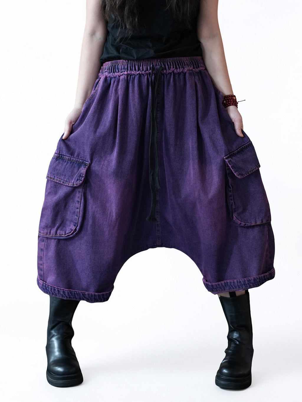 Vintage Washed Cargo Harem Pants- Unisex Loose Denim Streetwear, Baggy Jeans, Boho Drop Crotch