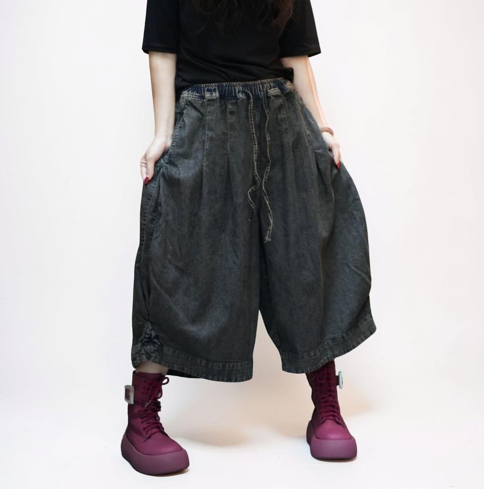 Smoky Black Patchwork Harem Pants: Washed Denim Look, Relaxed wide leg, Boho Style