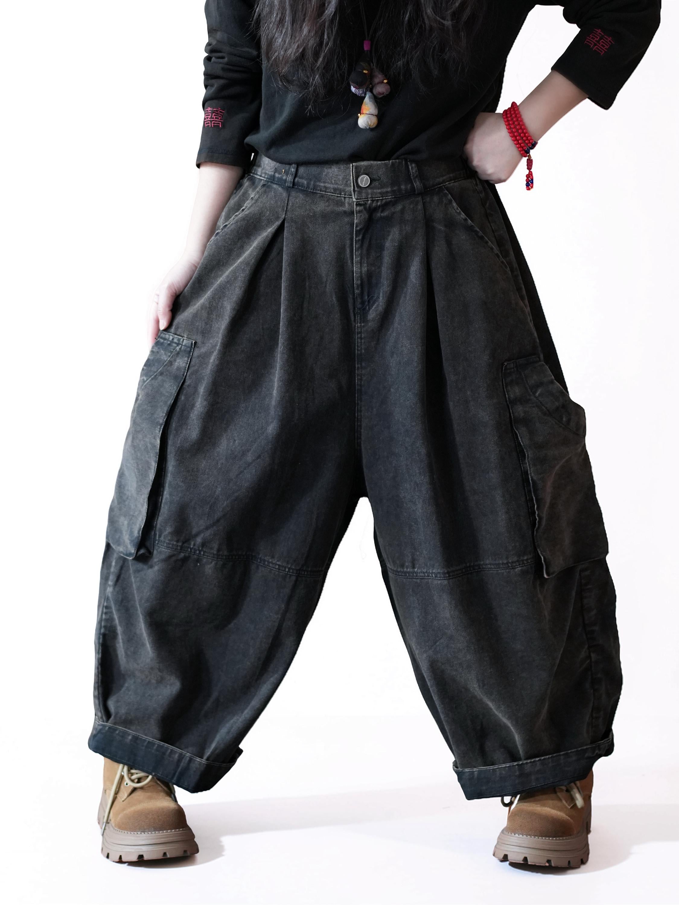 Vintage Washed Workwear Pants | High Waist Balloon Jeans, Artisan Dyed Cargo Style