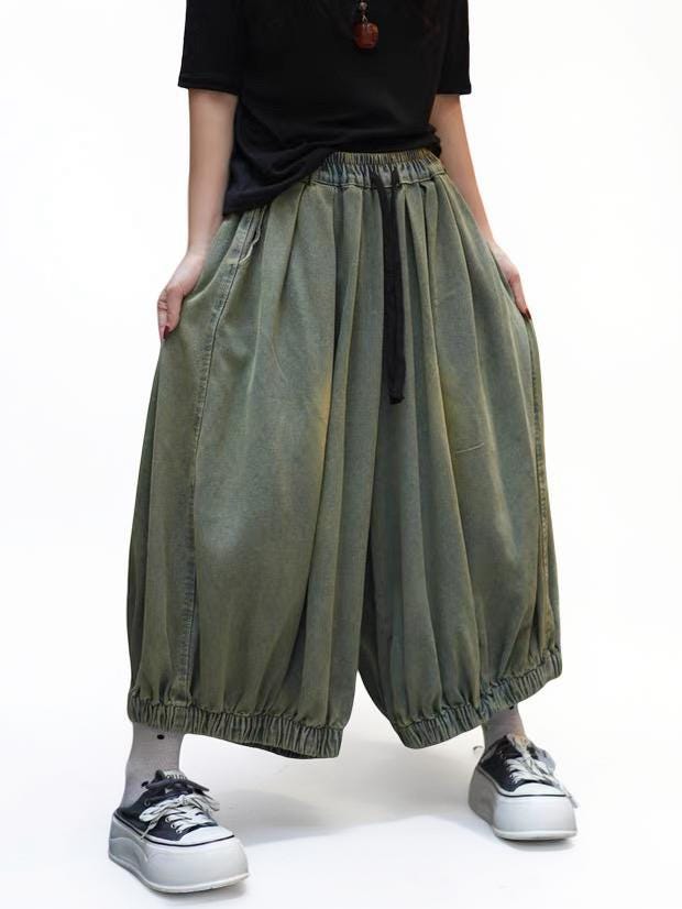 Washed Denim Harem Pants,  Oversized Lantern Pants, Wide Leg Crotch Trousers