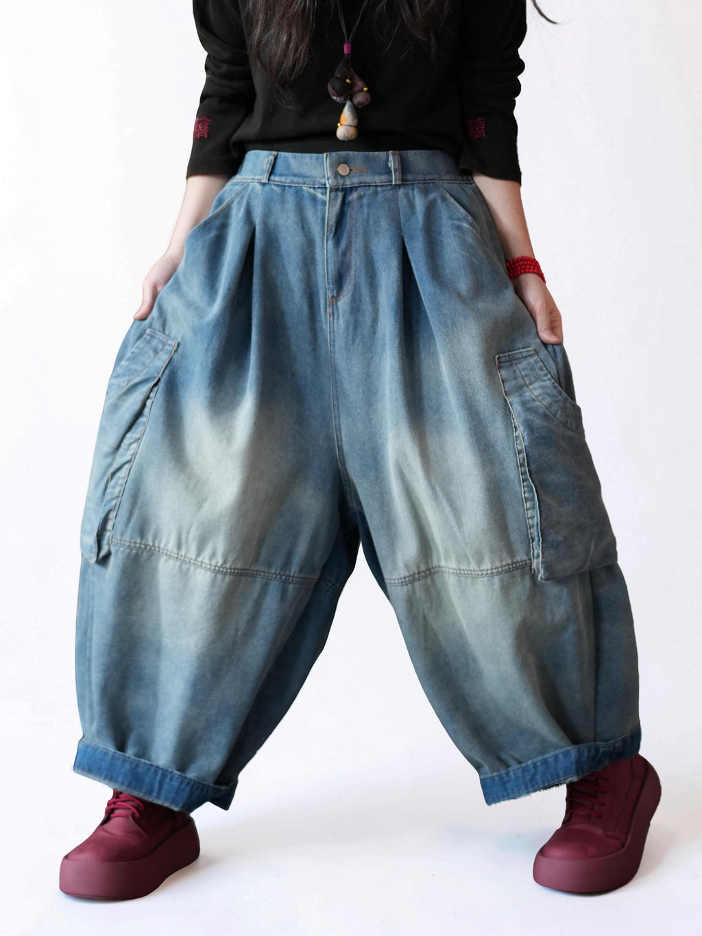 Vintage Washed Workwear Pants | High Waist Balloon Jeans, Artisan Dyed Cargo Style