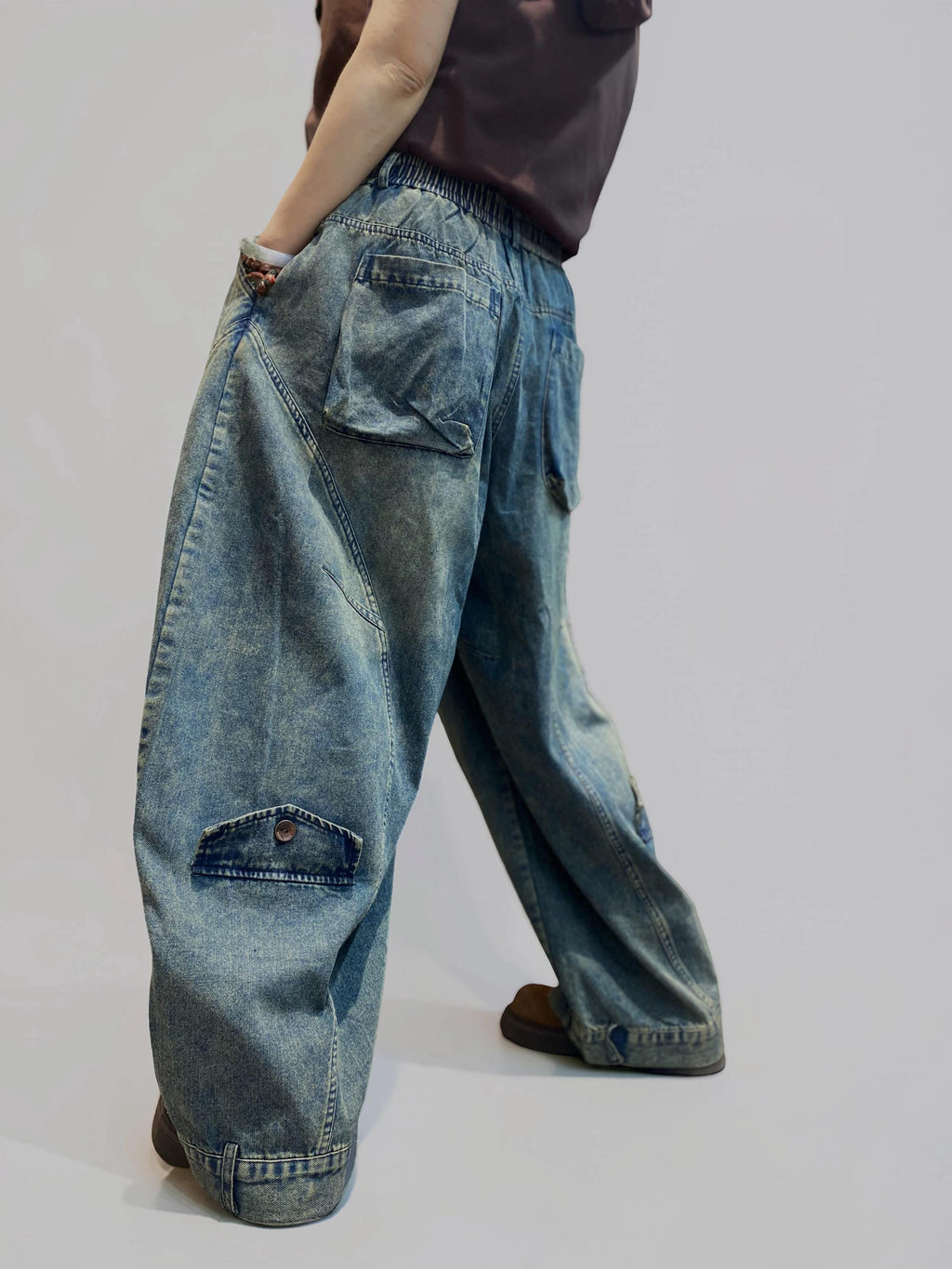 Washed Denim Harem Pants, Wide Leg Drop Crotch, Boho Streetwear Trousers