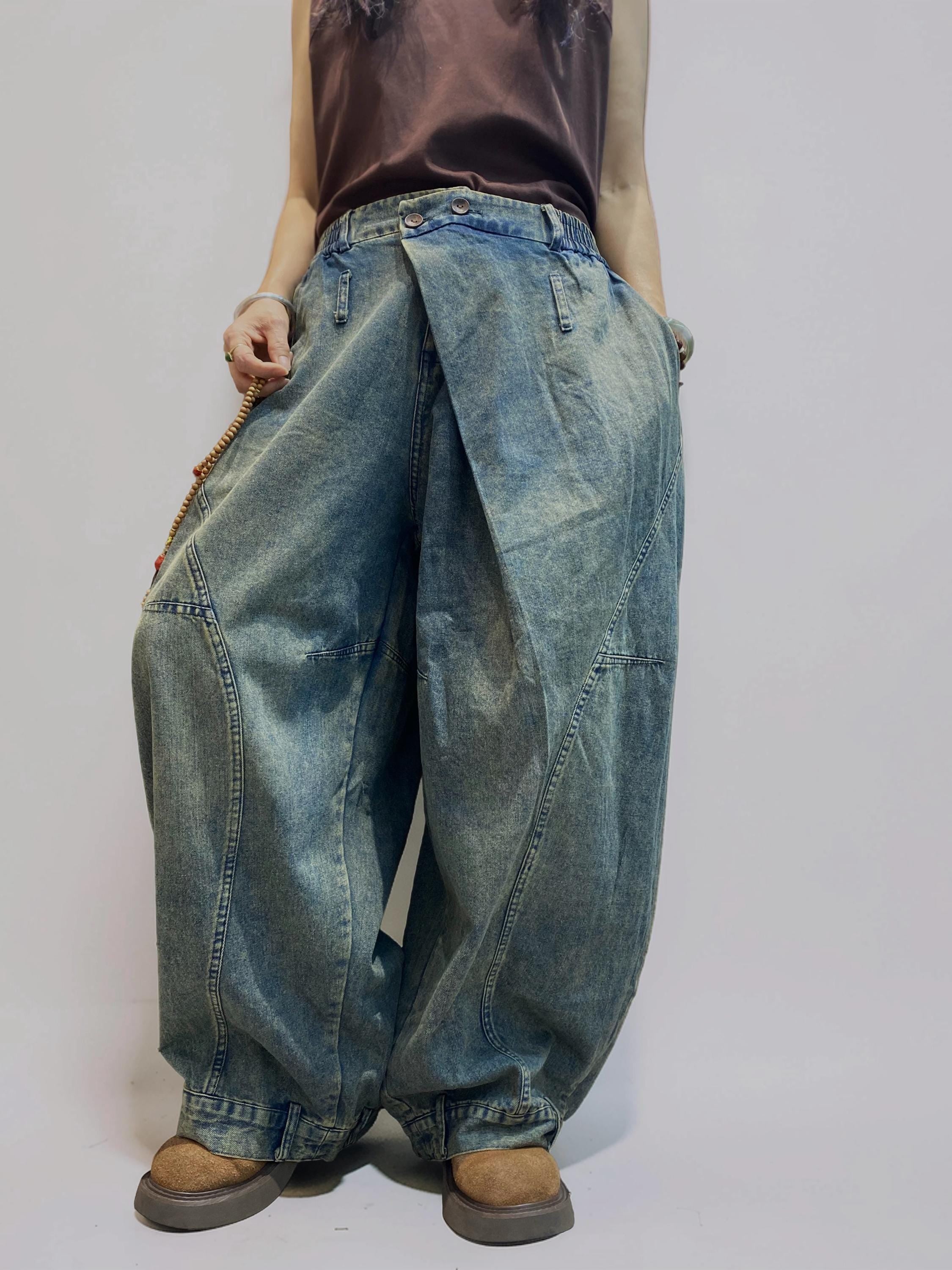 Washed Denim Harem Pants, Wide Leg Drop Crotch, Boho Streetwear Trousers