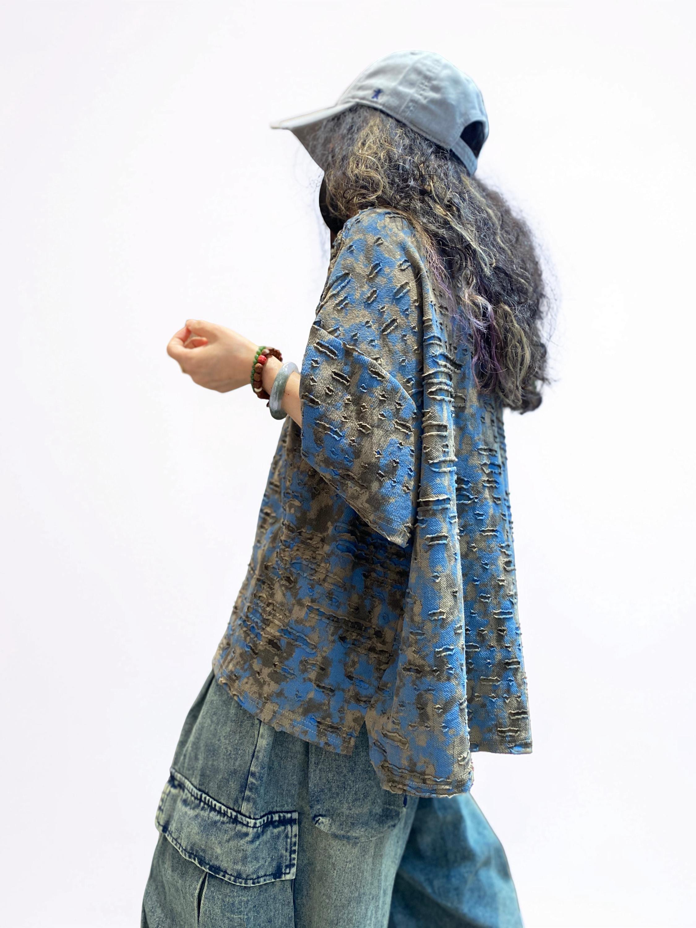 Distressed Double-Layer Cut Fabric Top, Oversized Artsy Avant-Garde Tee