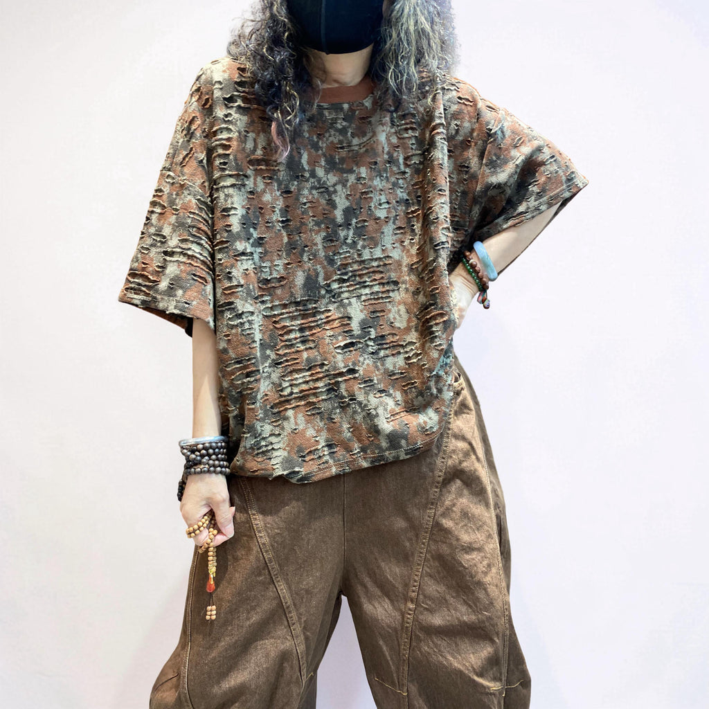 Distressed Double-Layer Cut Fabric Top, Oversized Artsy Avant-Garde Tee