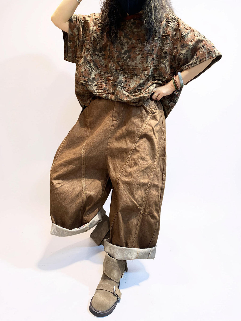 Distressed Double-Layer Cut Fabric Top, Oversized Artsy Avant-Garde Tee