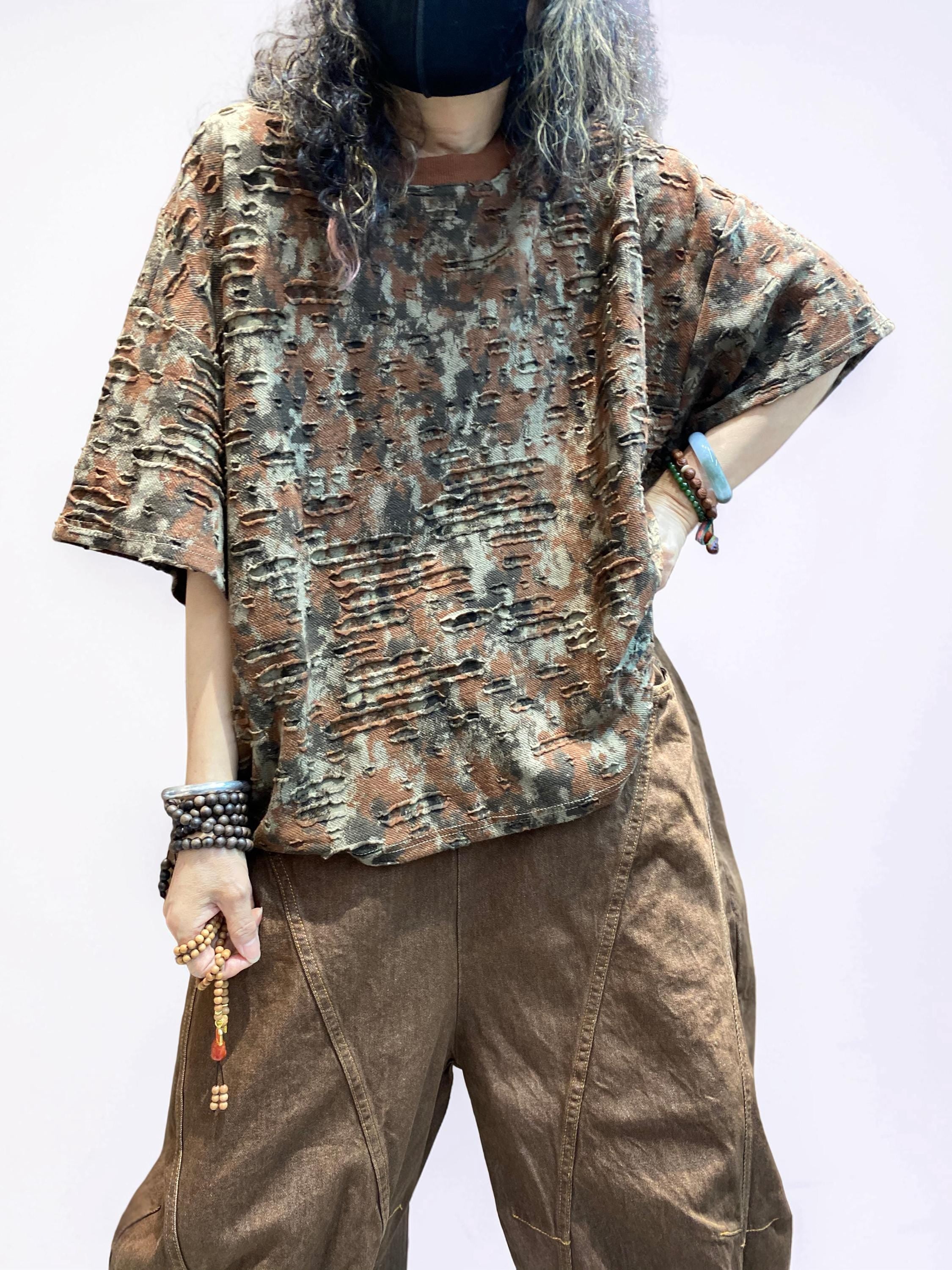Distressed Double-Layer Cut Fabric Top, Oversized Artsy Avant-Garde Tee