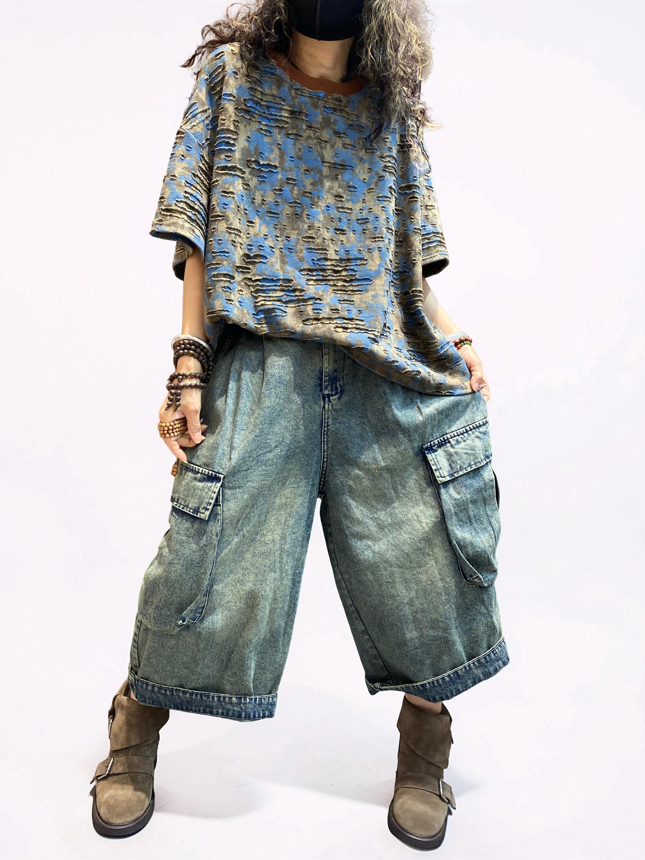 Distressed Double-Layer Cut Fabric Top, Oversized Artsy Avant-Garde Tee