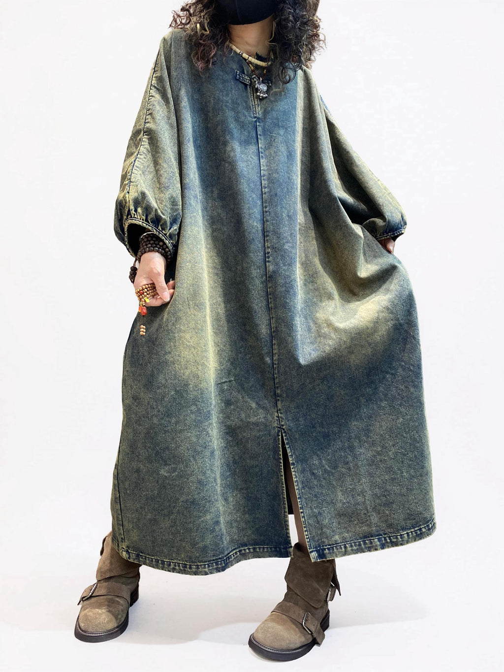 Vintage Washed Denim Maxi Dress | Oversized Cocoon Silhouette, Lantern Sleeves, Standing Collar