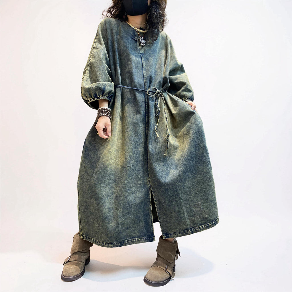 Vintage Washed Denim Maxi Dress | Oversized Cocoon Silhouette, Lantern Sleeves, Standing Collar